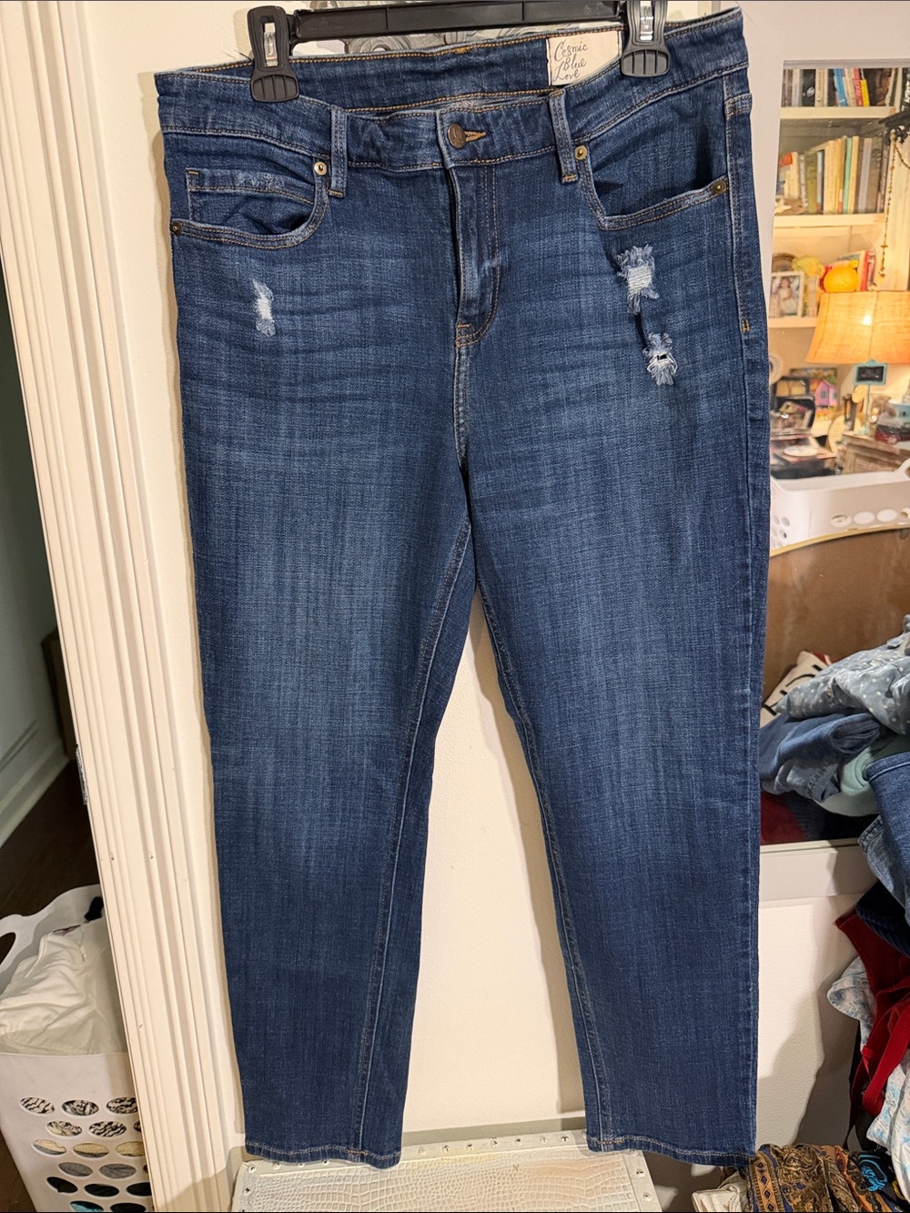 Classic Mid-Rise Women's Dark Blue Distressed Jeans